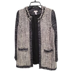 Chico's Sweater Jacket Size 1 (M) Black Ivory Tweed Fringe Stud Neutral Open